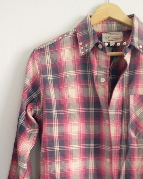Anthropologie Current/Elliott Plaid Studded Collared Flannel Shirt Size Medium - Picture 3 of 11